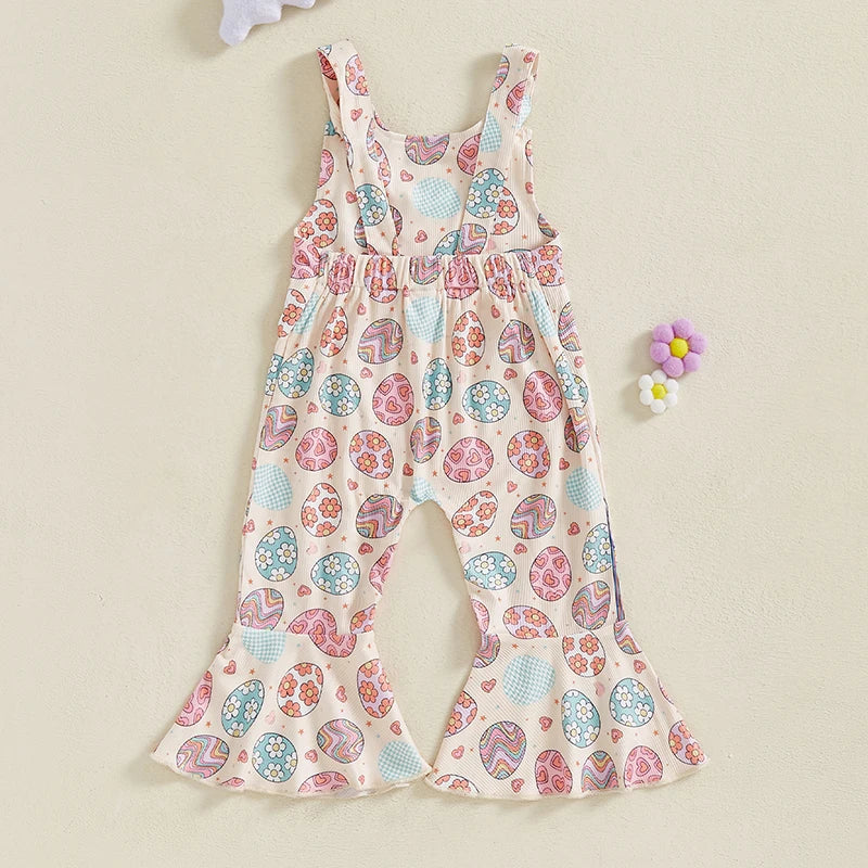 Toddler Easter Bunny Romper Sleeveless Jumpsuit with Egg Print Suspender Pants for Girls Spring Outfit Casual Wear