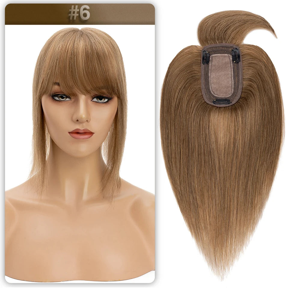 S-noilite Women Toppers Hair With Bangs Human Hair 7x13cm Silk Base Hair Cilp Wig Clip In Hair Extensions Hairpiece Natutal Hair