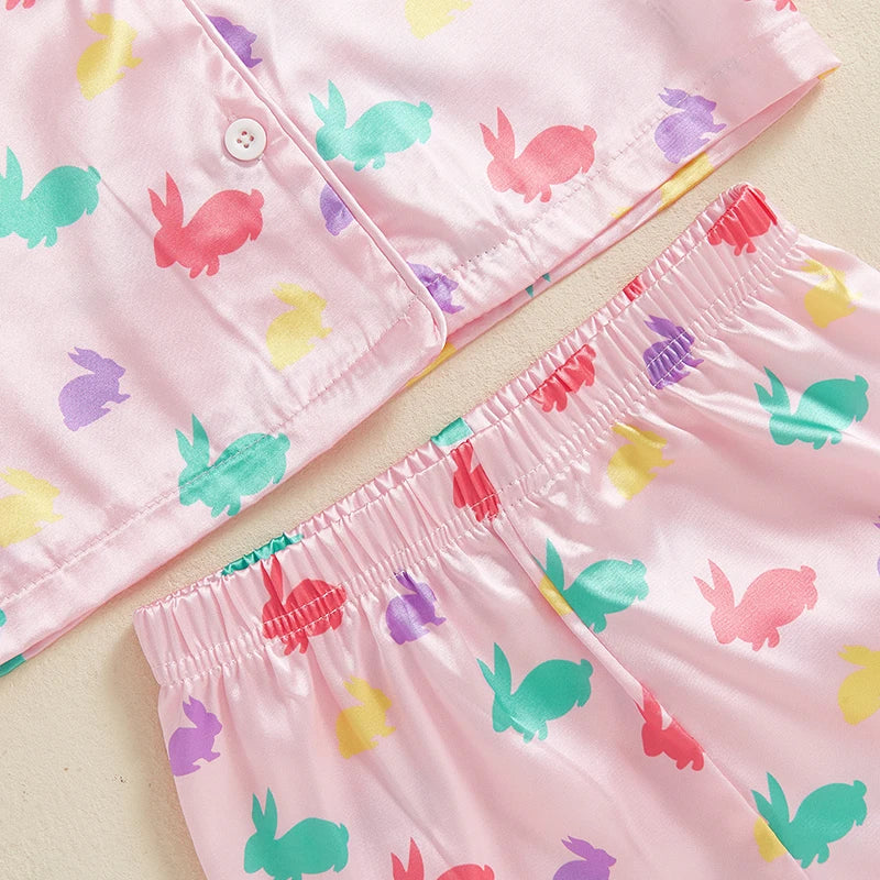 Easter 2-Piece Pajama Set with Short Sleeve Lapel Bunny Print Shirt and Shorts for Comfortable Sleepwear