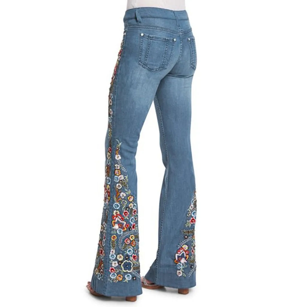 Women Retro Floral Embroidered Denim Flare Pants Distressed Straight Plus Size Trousers Elegant Women Palazzo Wide Leg Jeans