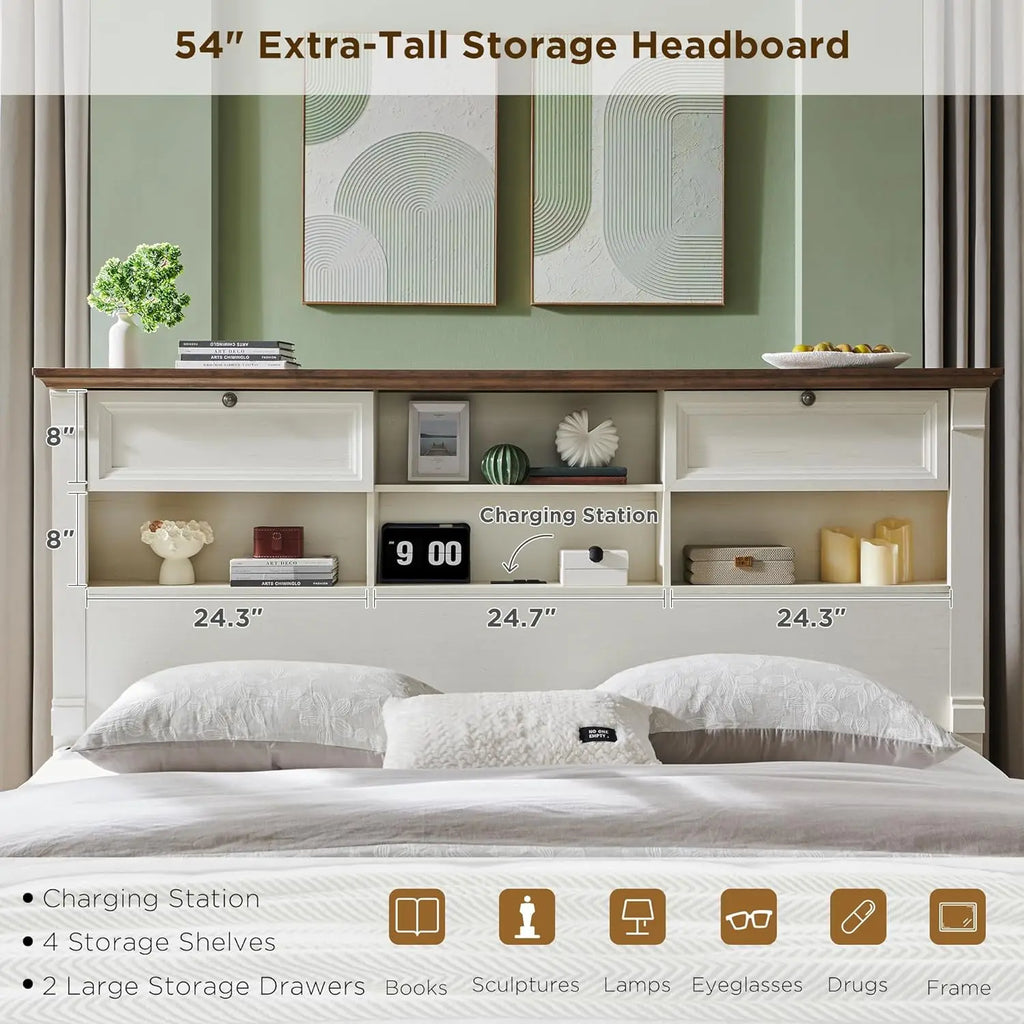 Farmhouse King Size Bed Frame with 54" Tall Storage Bookcase Headboard, Wood Platform Bed Frame(Antique White)