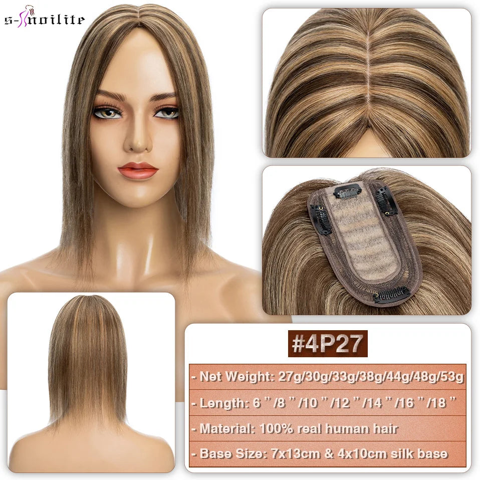 S-noilite 7x13cm Hair Toppers Human Hair For Women Natural Hair Topper Wigs Women Topper Silk Base Hair Clip In Hair Extensions