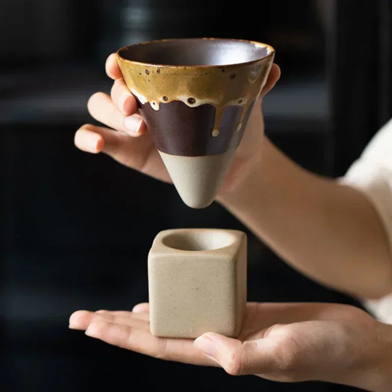 Coarse Pottery Creative Coffee Cup with Base Japanese Retro Conical Ceramic Cups Minimalist Latte Mug  Stoneware Master Teacup