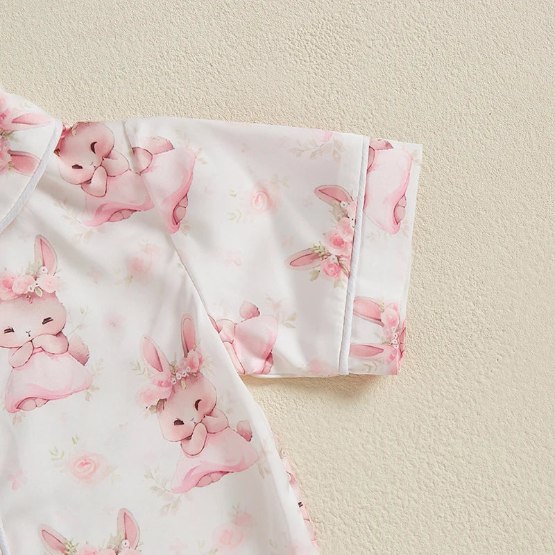 Kids Easter Satin Pajamas Set with Bunny Print Short Sleeve Lapel Button Down Tops and Shorts Sleepwear for Boys and Girls