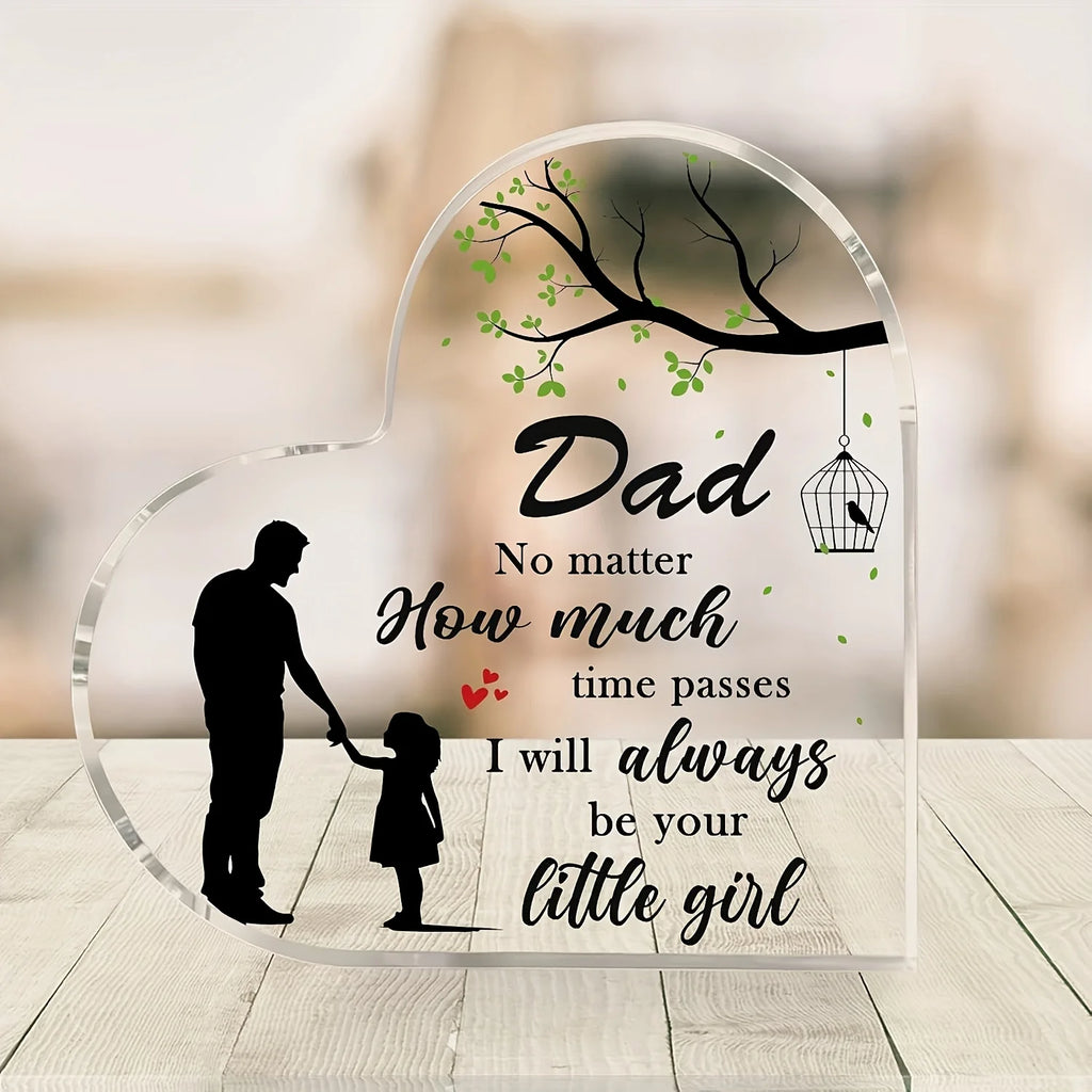 2D Flat, Dad Gifts from Daughter - 3.9 Inch Heart-Shaped Acrylic Plaque with Sentimental Message, Father-Daughter Silhouette