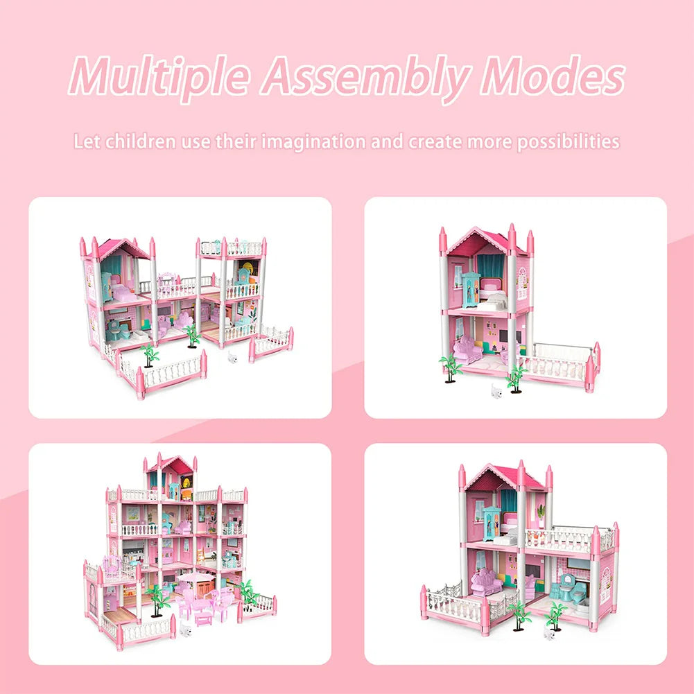 Pretend-Play DIY Dollhouse Kit with 4 Dolls DIY House Model Landscape Furniture and Accessories Set for Girls Birthday Gift