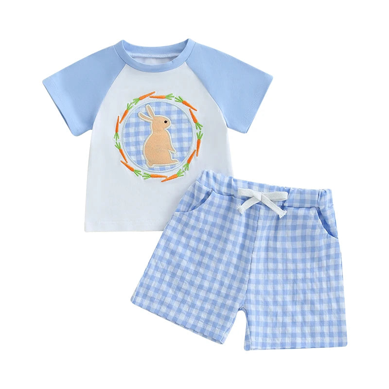 Toddler Boys Easter Outfits Adorable Bunny Embroidery Short Sleeve T-Shirt and Plaid Shorts Set for 2 Piece Clothing Ensemble