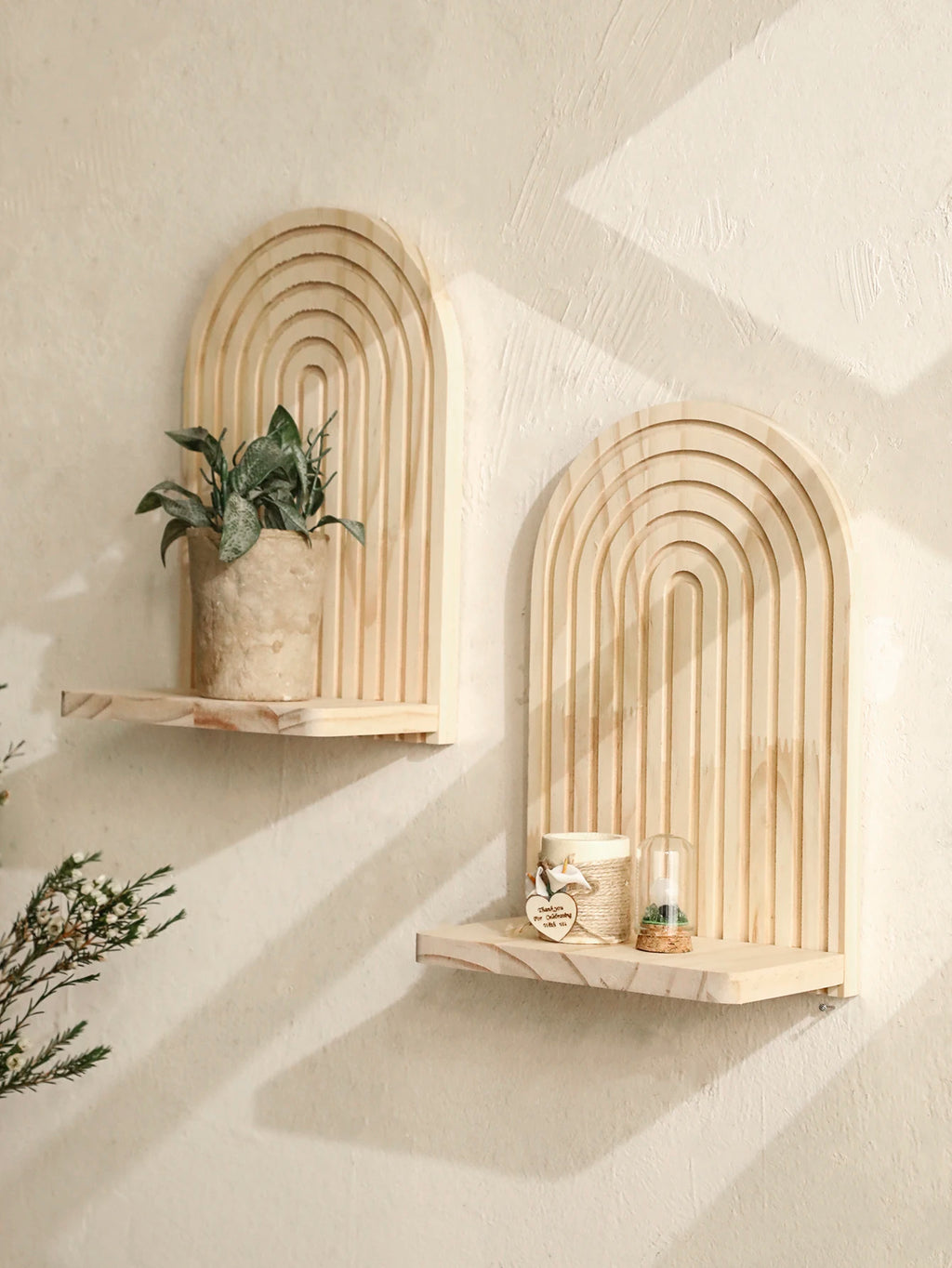 1pc Wooden Wall Shelves Boho Rustic Arch Floating Wall Mounted Shelf Plants Holder Vase Display Stand Home Decor Storage Rack