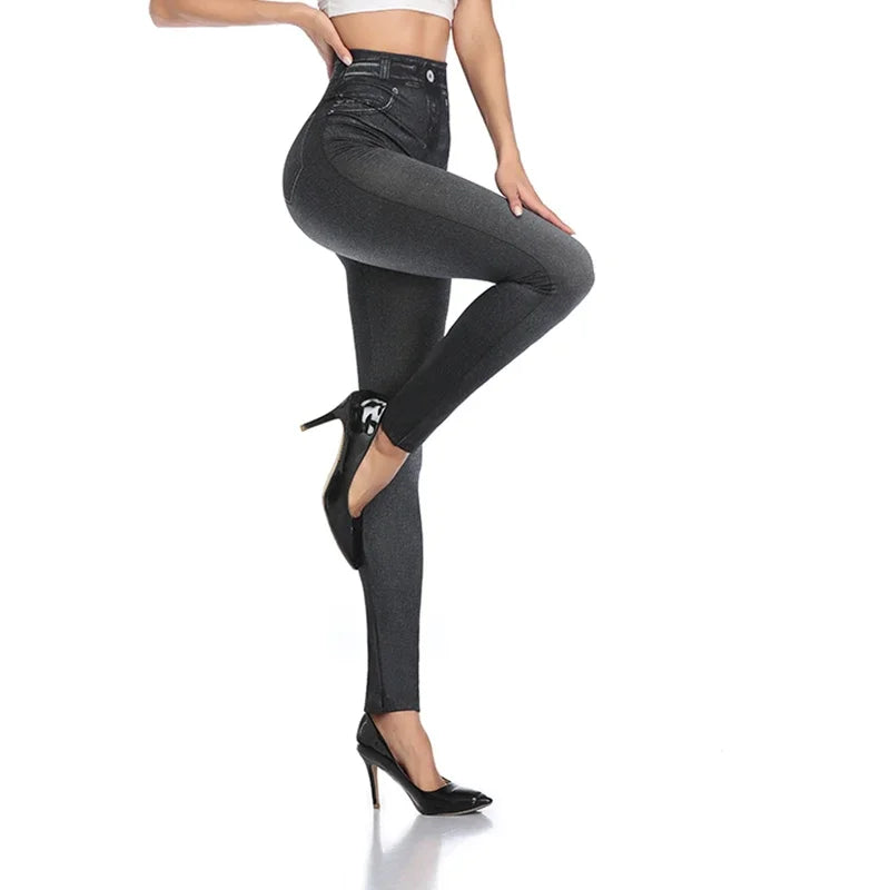 Push Up Seamless High Waist Faux Denim Leggings Women Casual Elastic Pocket Jeans Print Pants Skinny Pencil Leggins Mujer