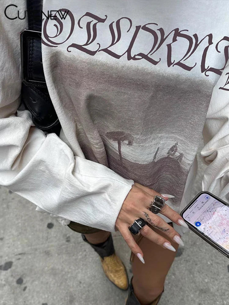 Cutenew Printed Fashion Women T-shirts Autumn New Slash Neck Full Sleeve Oversized Classic Basic Tops Female Street Casual Tees