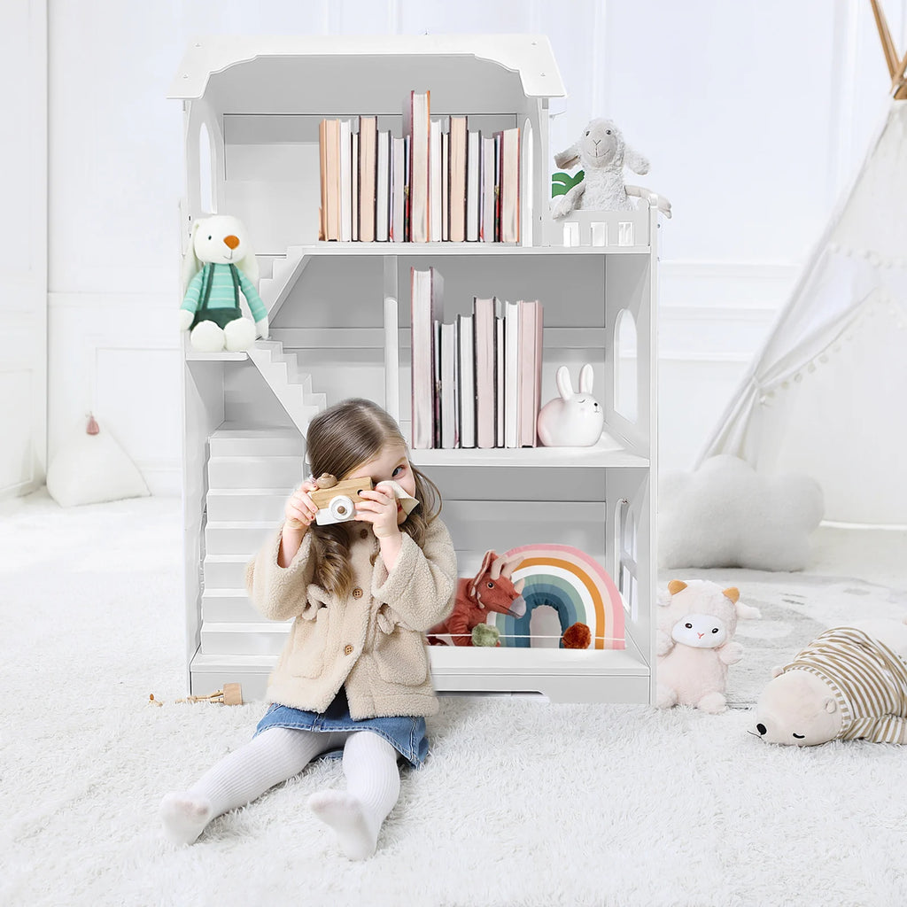 Wooden Dollhouse Bookshelf 3-Tier Doll House Bookcase Kids Books Toys Dolls Storage Organizer Shelves for Children's Bedroom