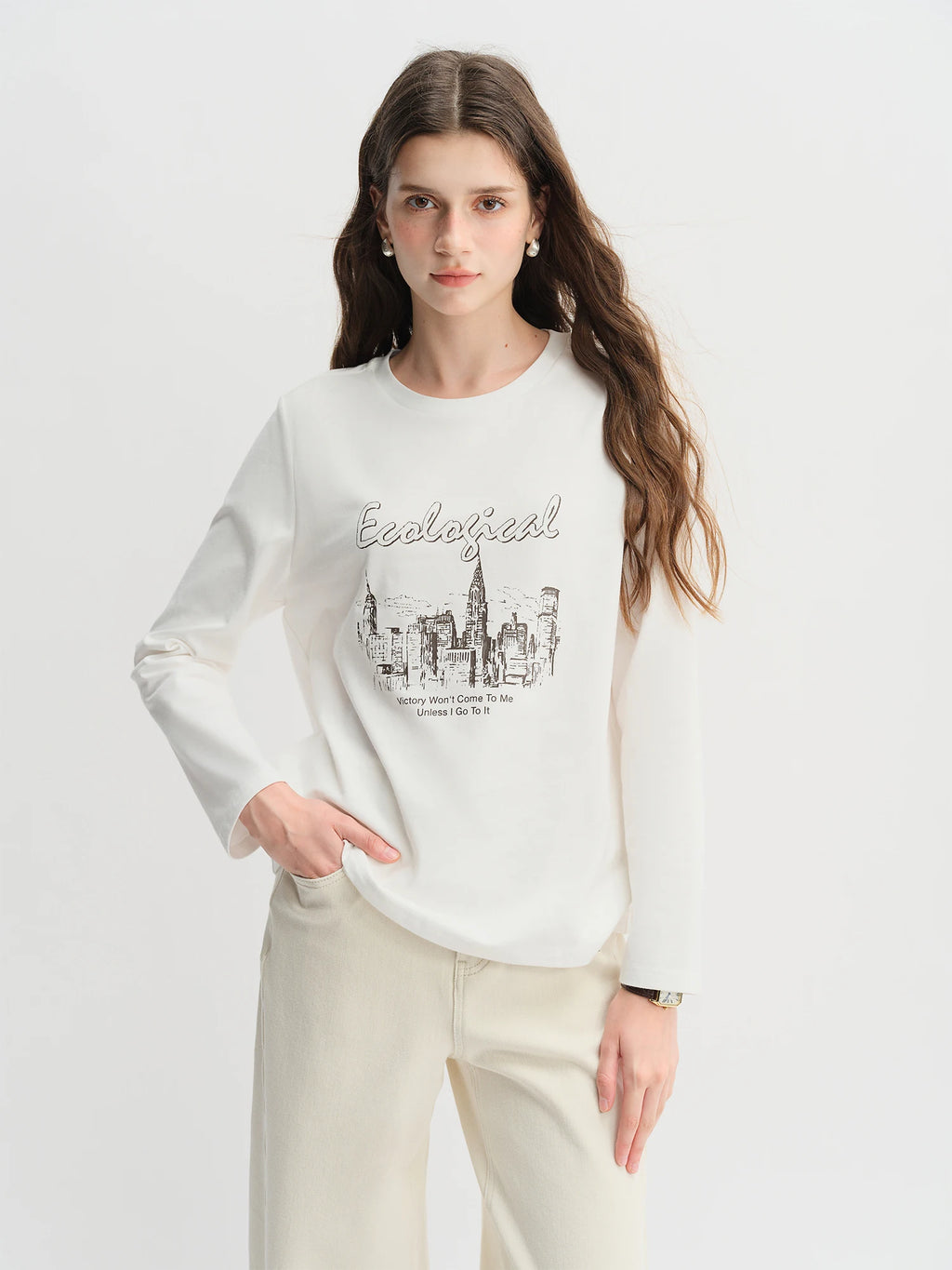 DUSHU Plus Size Casual Urban Letter Print Long-sleeved T-shirt Women White Round Neck All-match Basics Slimming Top Aesthetic