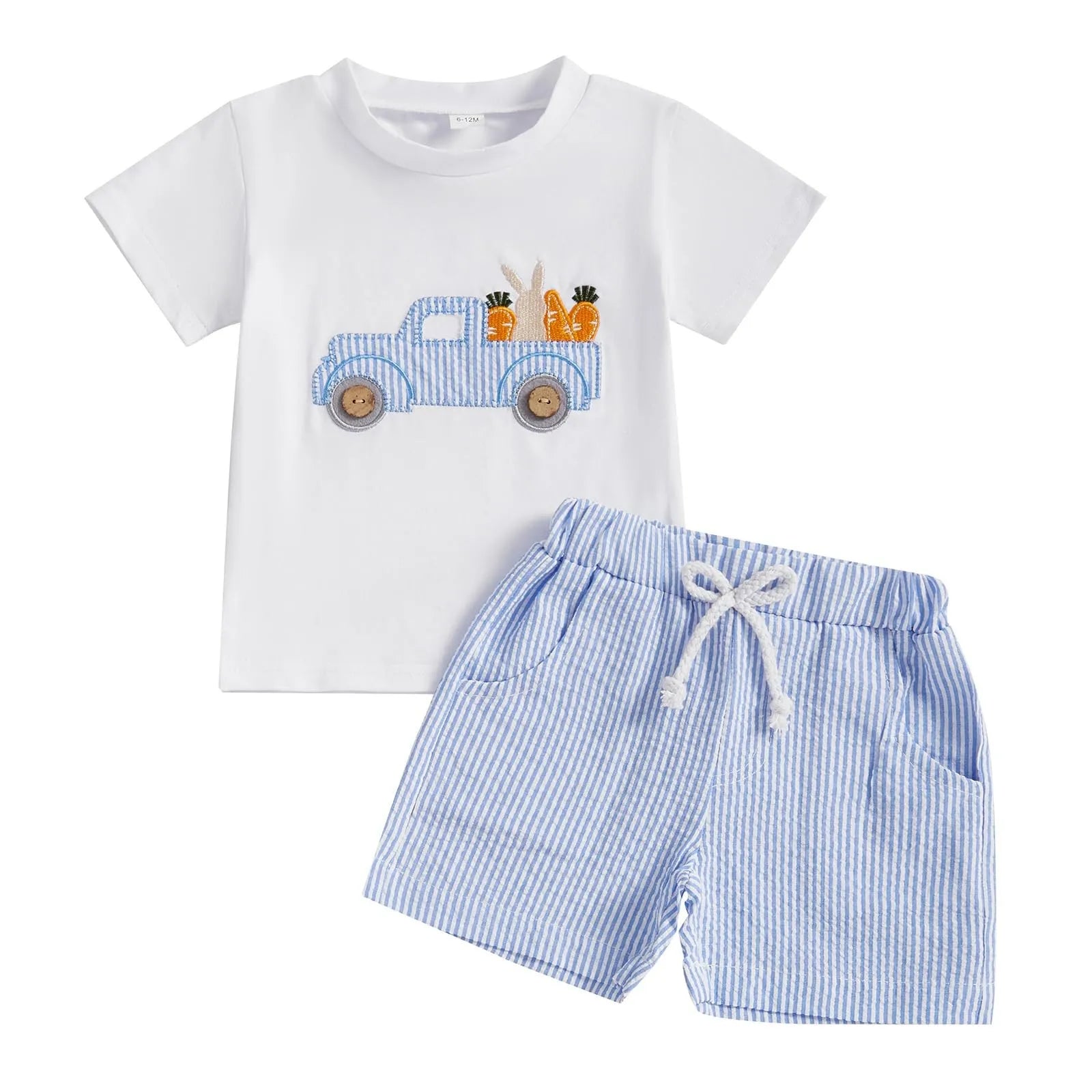 Toddler Baby Boys Easter Outfits Bunny Embroidery Short Sleeves T-Shirt and Elastic Carrot Stripe Shorts Set for Summer Clothes