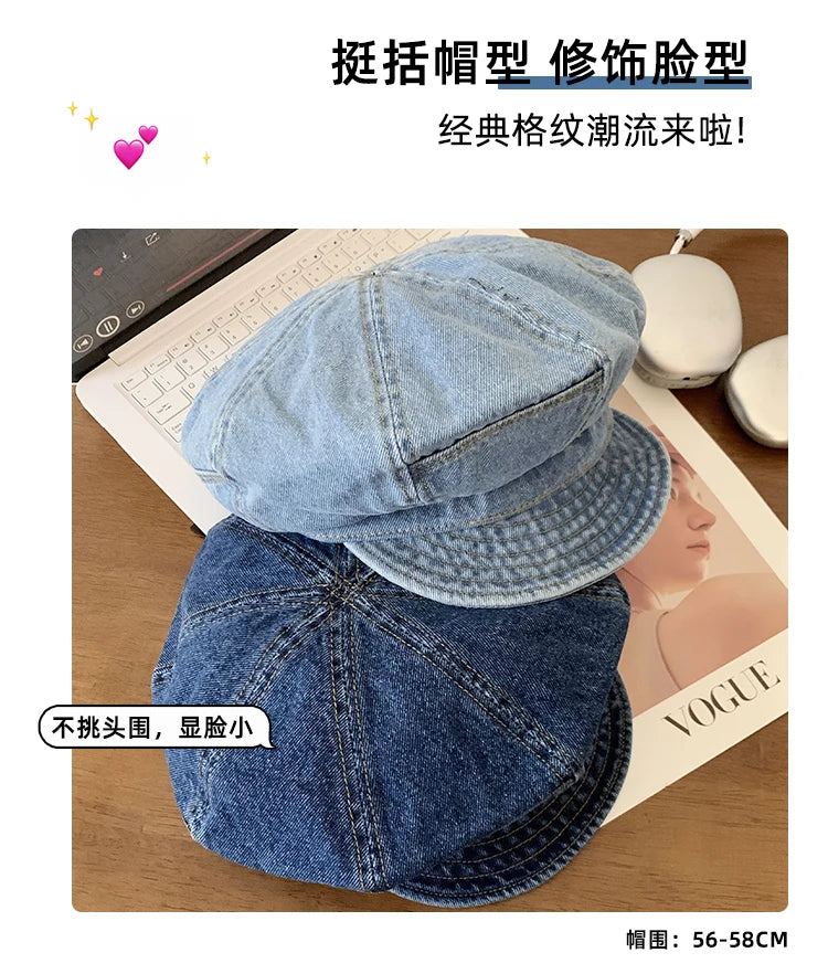 Japanese Retro Denim Cloud Berets Cap for Women Spring and Summer Casual Versatile Simple Literary Style Octagonal Newsboy Hat