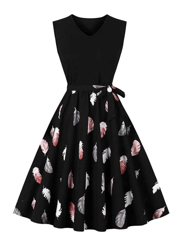 Retro Vintage Women's Summer Dress V-Neck Sleeveless High Waist Chic Floral Print with Belt 50s Style
