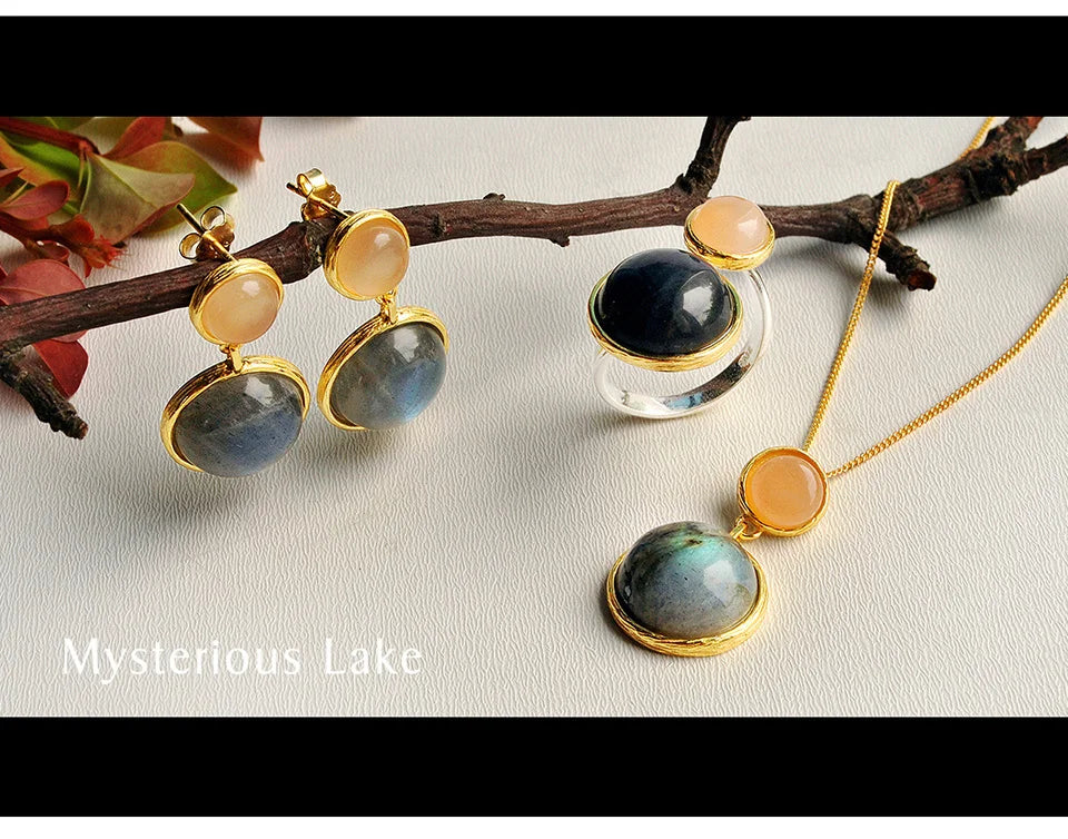 Lotus Fun Real 925 Sterling Silver Natural Labradorite Moonlight Gemstones Ring Fine Jewelry Mysterious Lake Rings for Women