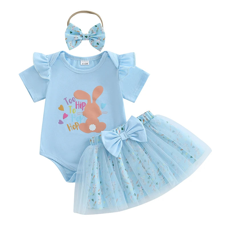 Adorable Baby Girl Easter Outfits with Bunny Print Romper Skirt and Headband - 3 Piece Clothing Set for Spring Celebrations