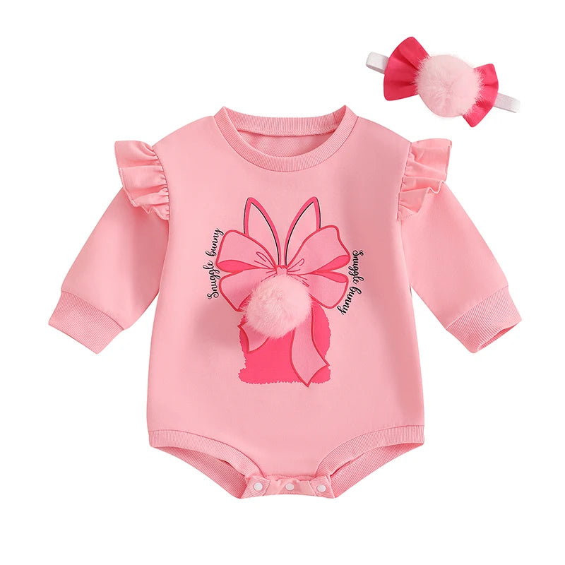 Adorable Toddler Easter Bunny Jumpsuit with Matching Headband - Long Sleeve O Neck Romper for Baby Girls