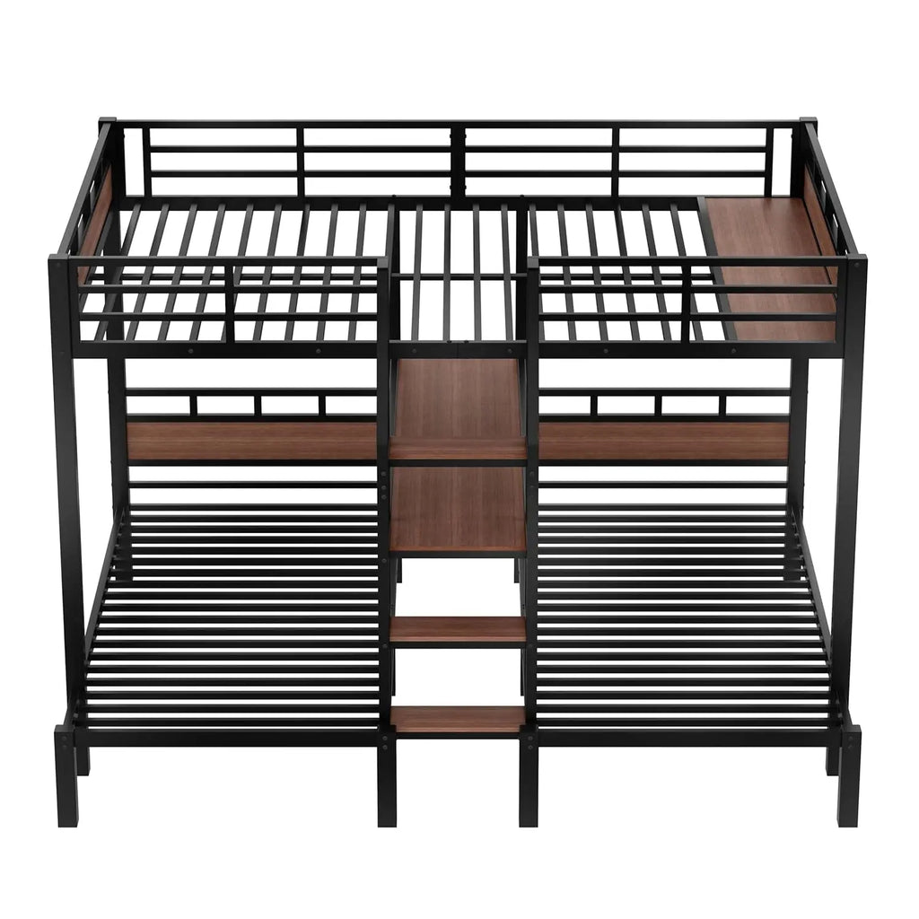 Queen Over Twin Over Twin Metal BunkBed with Storage Stairs and Shelves, 3-in-1 Triple Bunk Bed with Headboard, Space Saving, fo