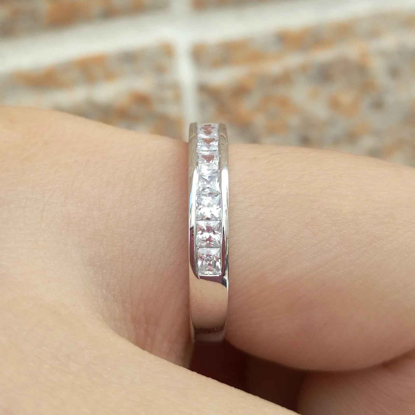 Newshe 925 Silver Wedding Bands for Women Princess AAAAA Cubic Zircon Diamond Stackable Eternity Finger Rings Quality Jewelry