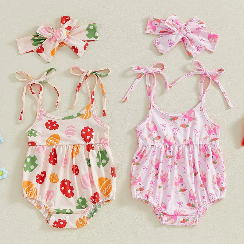 Toddler Girls Spring Floral Print Sleeveless Romper with Matching Headband Set for Easter Celebration and Playdates