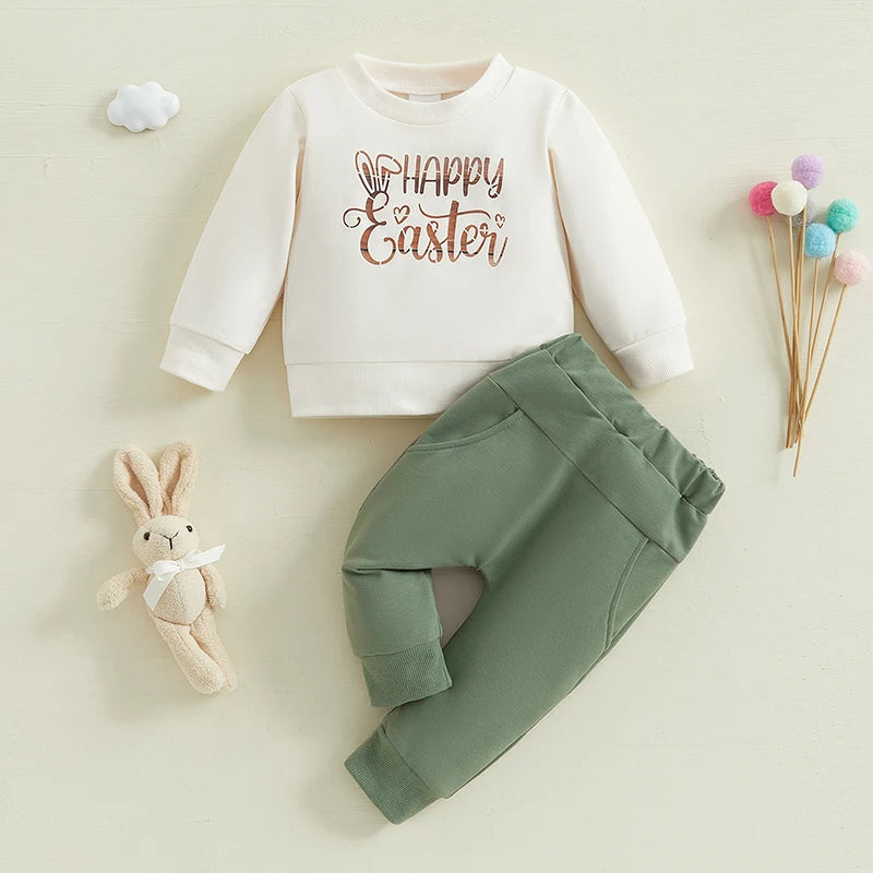 Adorable Infant Easter Clothing Set with Cute Bunny Print Long Sleeve Top and Matching Pants for Baby Boys and Girls
