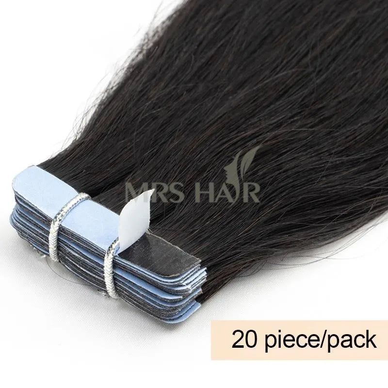 MRS HAIR Silky Straight Tape in Human Hair Extensions Remy Skin Weft Tape Hair Extension 12-24 inch 20pcs/pack 1B Natural Black