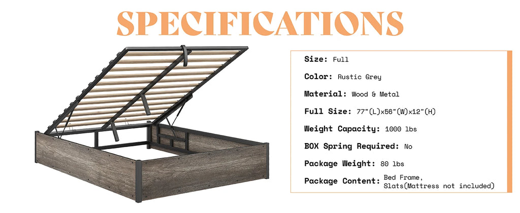 Lift Up Storage Bed, Queen Bed Frame with Storage Underneath, Wooden Platform Bed Frame, Solid Wood Slats Support
