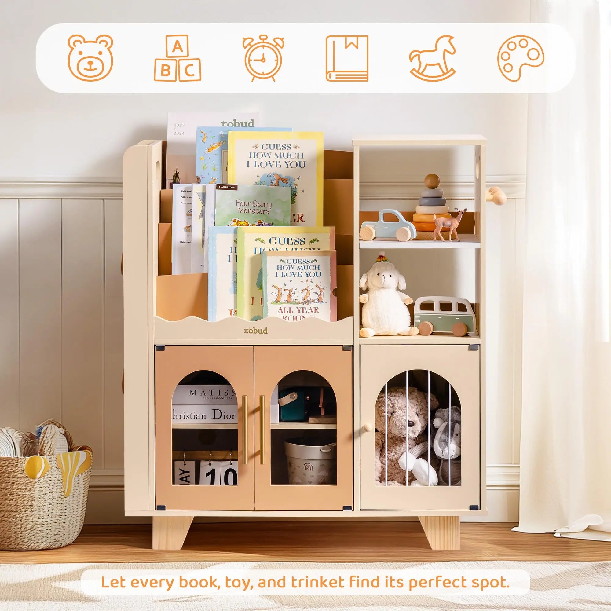 ROBOTIME ROBUD Kids Wooden Bookshelf with Storage Montessori Bookshelf Kids Bookcase Toy Storage Book Shelf for Toddlers