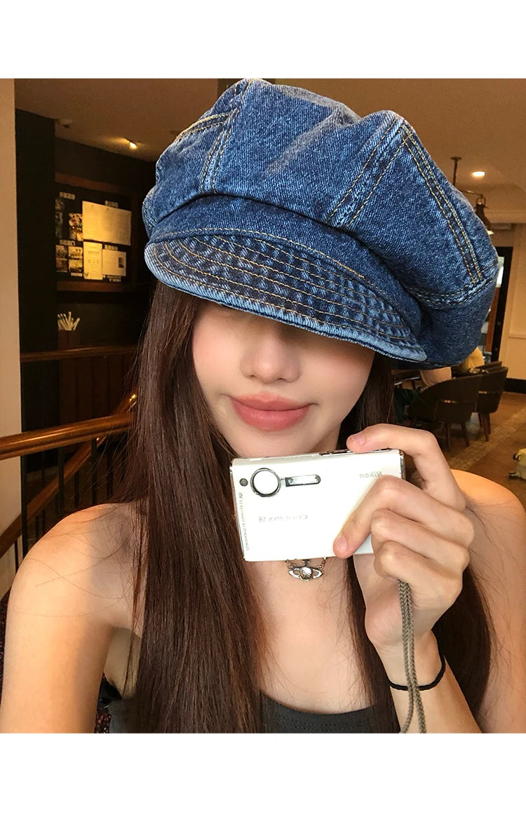 Japanese Retro Denim Cloud Berets Cap for Women Spring and Summer Casual Versatile Simple Literary Style Octagonal Newsboy Hat