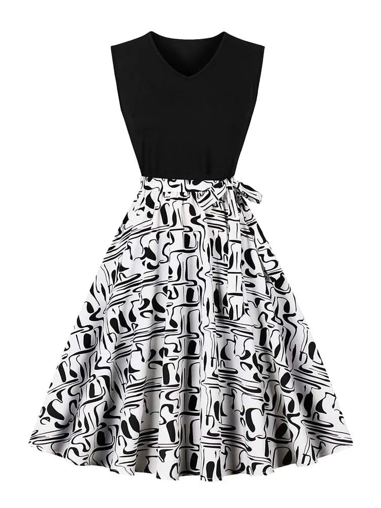 Retro Vintage Women's Summer Dress V-Neck Sleeveless High Waist Chic Floral Print with Belt 50s Style