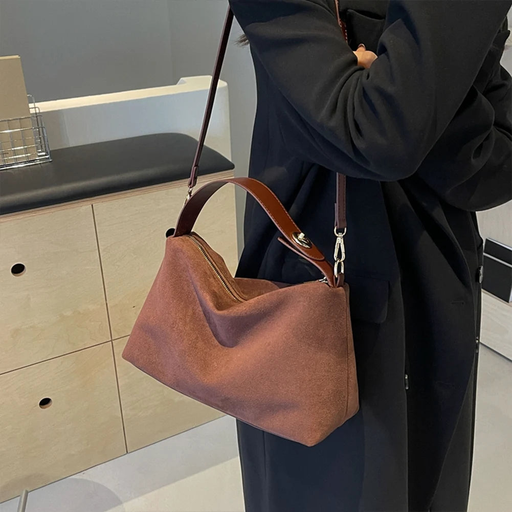Fashion Autumn Winter Big Boston Tote Soft Matte Suede Cow Leather Women's Handbag Shoulder Crossbody Bag For Women Grey Brown