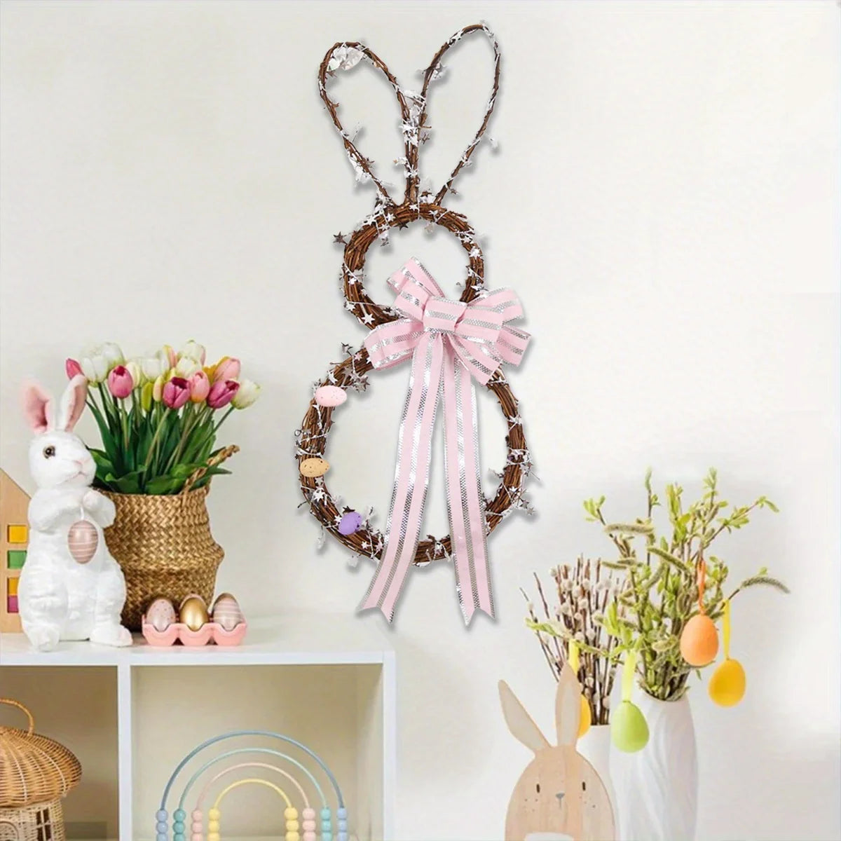 Easter Bunny Wreath, Rabbit Garland Material Kit for DIY Door Wreath Easter Rabbit Wreath Bunny Artificial Floral