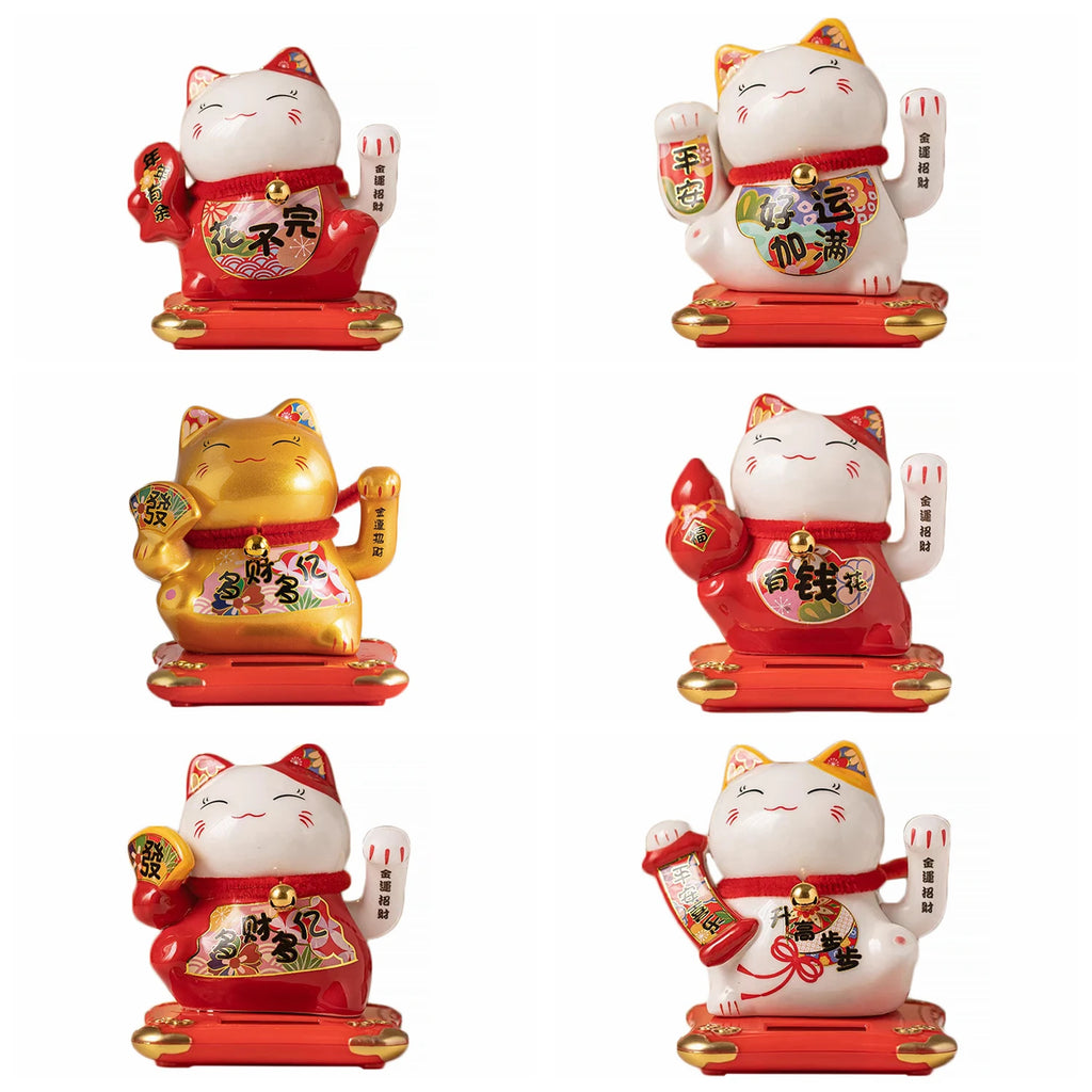 4.3 Inch Solar Powered Waving Ceramic Maneki-neko Lucky Beckoning Cat for Wealth Fortune, Home Office Decor, Gift for Prosperity