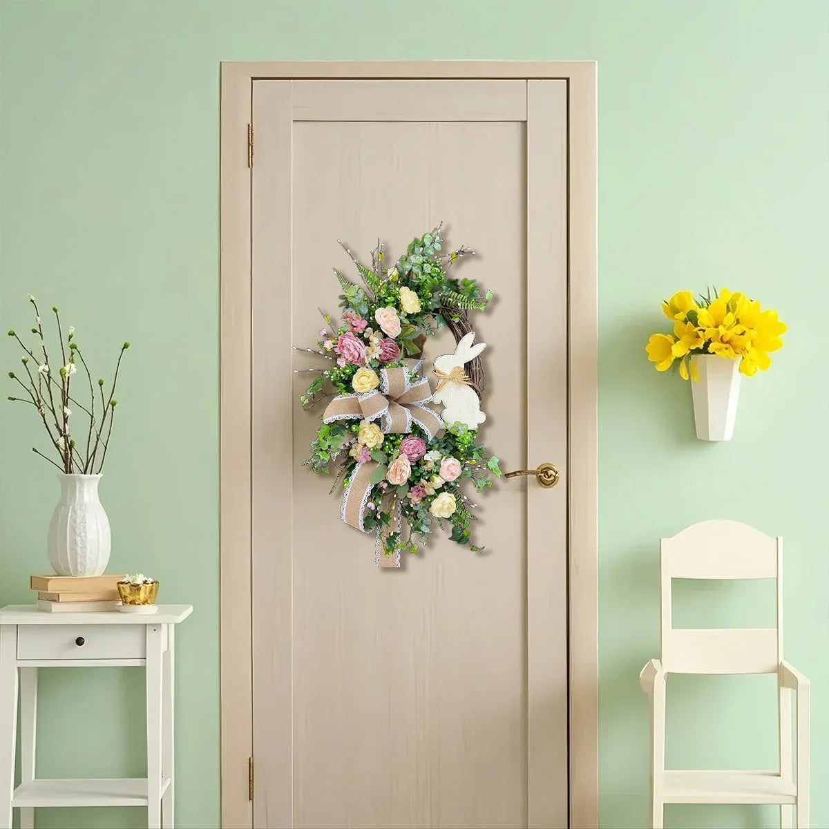 Spring Wreath for Front Door, Easter Wreath Artificial Teardrop Wreath Bunny Artificial Flower Wreath Summer Wreath
