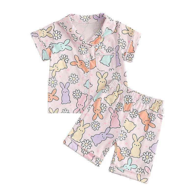Adorable Toddler Girls Easter Bunny Pajama Set with Short Sleeve Top and Shorts for Spring Summer Loungewear - 2 Piece Set