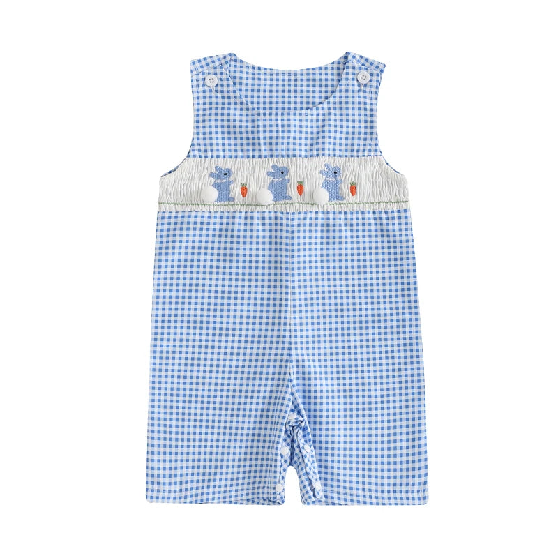 Adorable Toddler Girls Easter Outfits Bunny Print Sleeveless Rompers Plaid Overalls Jumpsuits with Carrot Embroidery