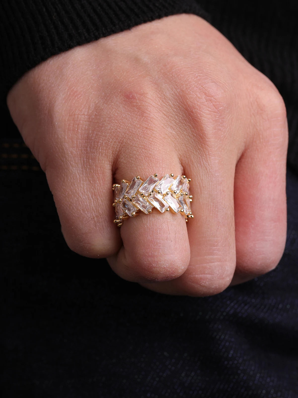 2 Row Baguette Zircon Men's Ring Copper Charms Gold Color Fashion Hip Hop Rock Jewelry