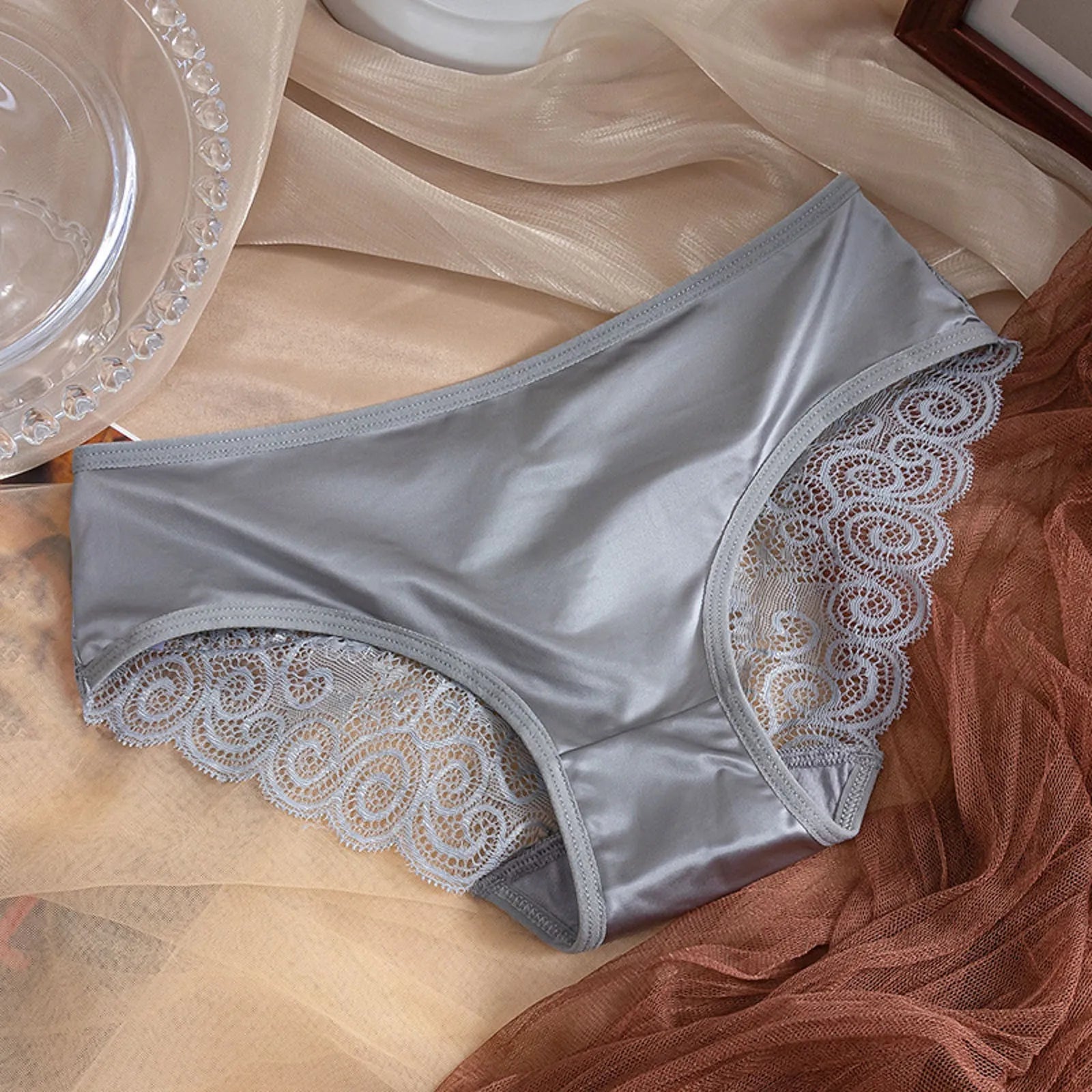 Yellow Women's Panties Silk Satin Underwear Lace Sexy Lingerie Breathable Mid Waist Female Briefs Comfortable Panty Underpants