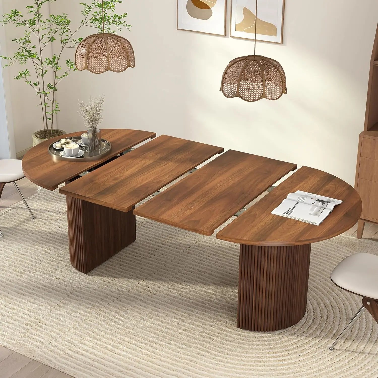 Extendable Dining Table 41-78in Seats 4-8 Round Expandable Kitchen Fluted Base Modern Oval Dining Room Living Room, Customized