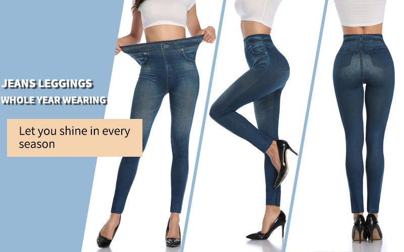Push Up Seamless High Waist Faux Denim Leggings Women Casual Elastic Pocket Jeans Print Pants Skinny Pencil Leggins Mujer