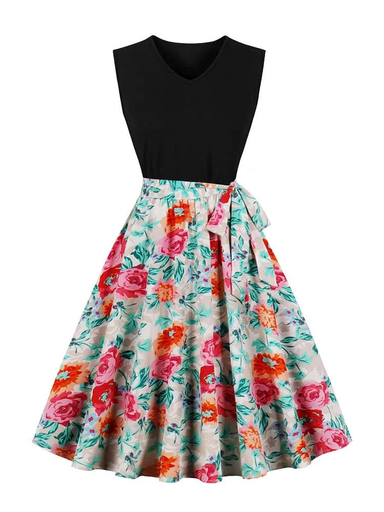 Retro Vintage Women's Summer Dress V-Neck Sleeveless High Waist Chic Floral Print with Belt 50s Style