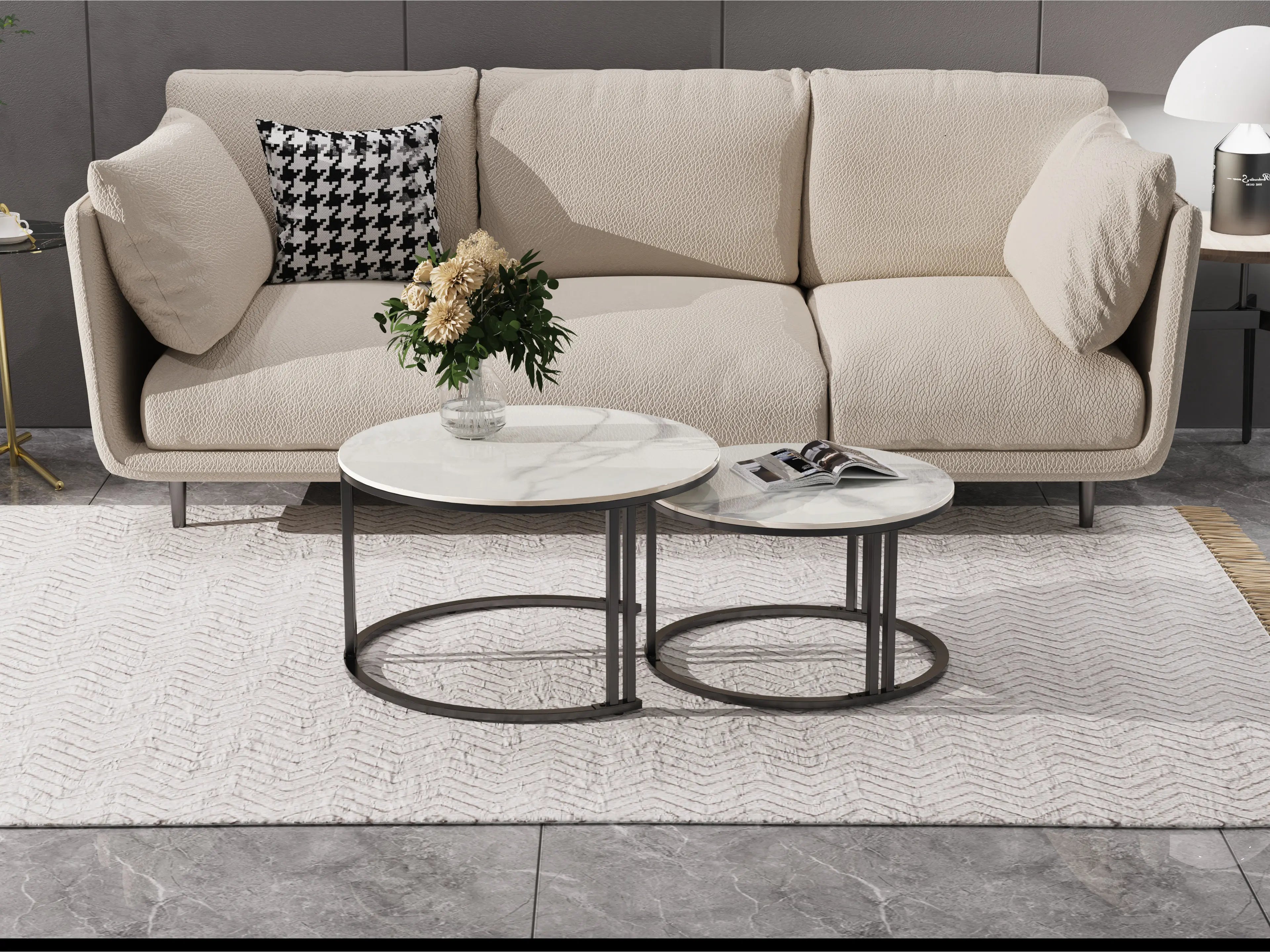 Circle Nesting Coffee Table Set of 2, Modern Chic Round Nested Center Coffee Table with Sinter Stone-top Stacked Sofa Side Table