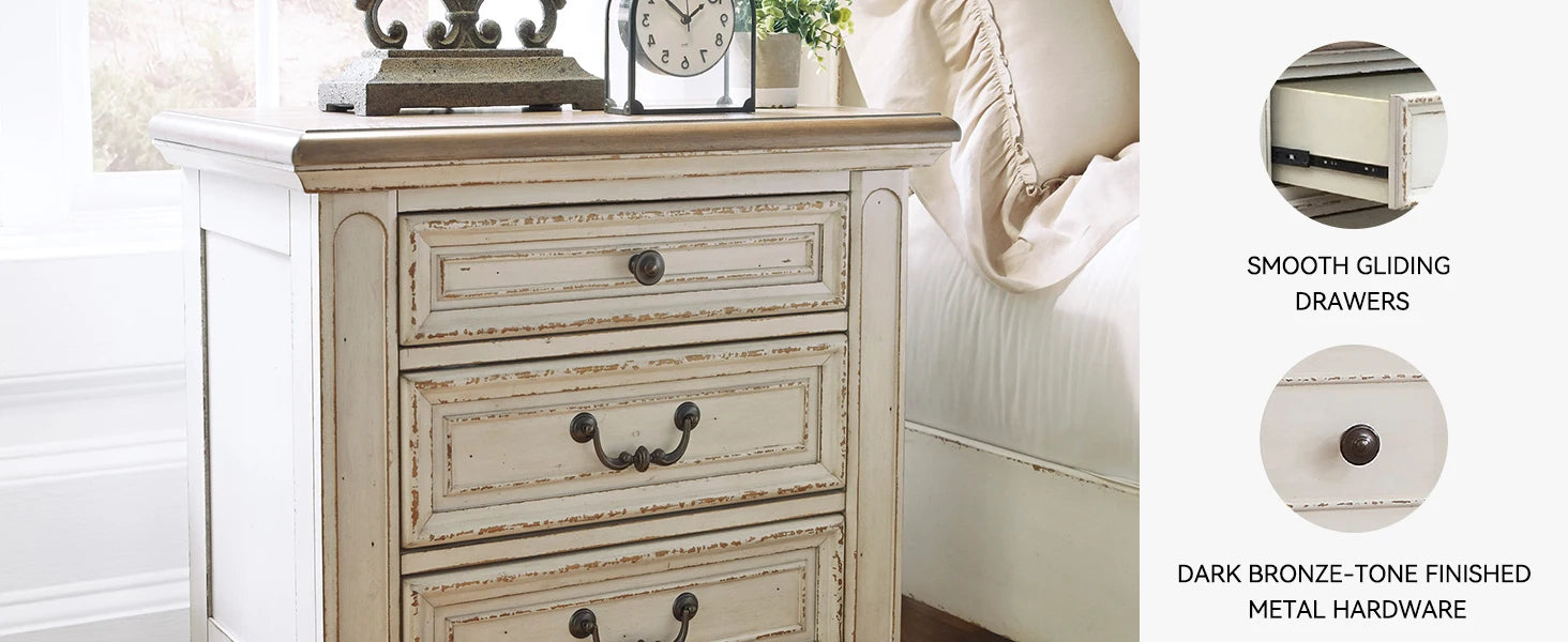 Realyn French Country 3 Drawer Nightstand with Electrical Outlets & USB Ports, 27.75" Tall, Chipped White 2025 NEW