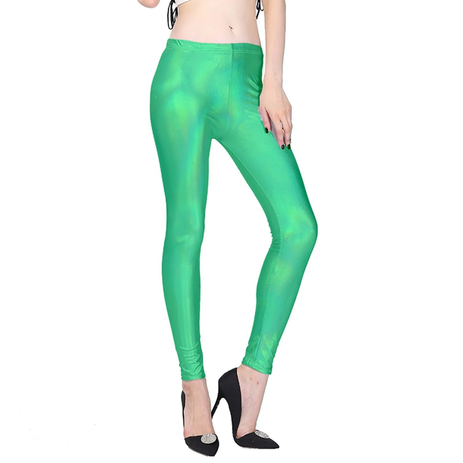 Women Stretchy Leggings Pants Candy Color Party Stage Performance Costumes Clothing High Waist Silver Leggings Clubwear Pants