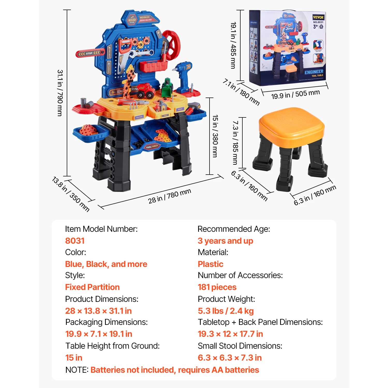 SucceBuy 181pcs Kids Tool Bench Realistic Transformable Tool Set with Toddler Bench Pretend Play Learning Gift for Children Toys