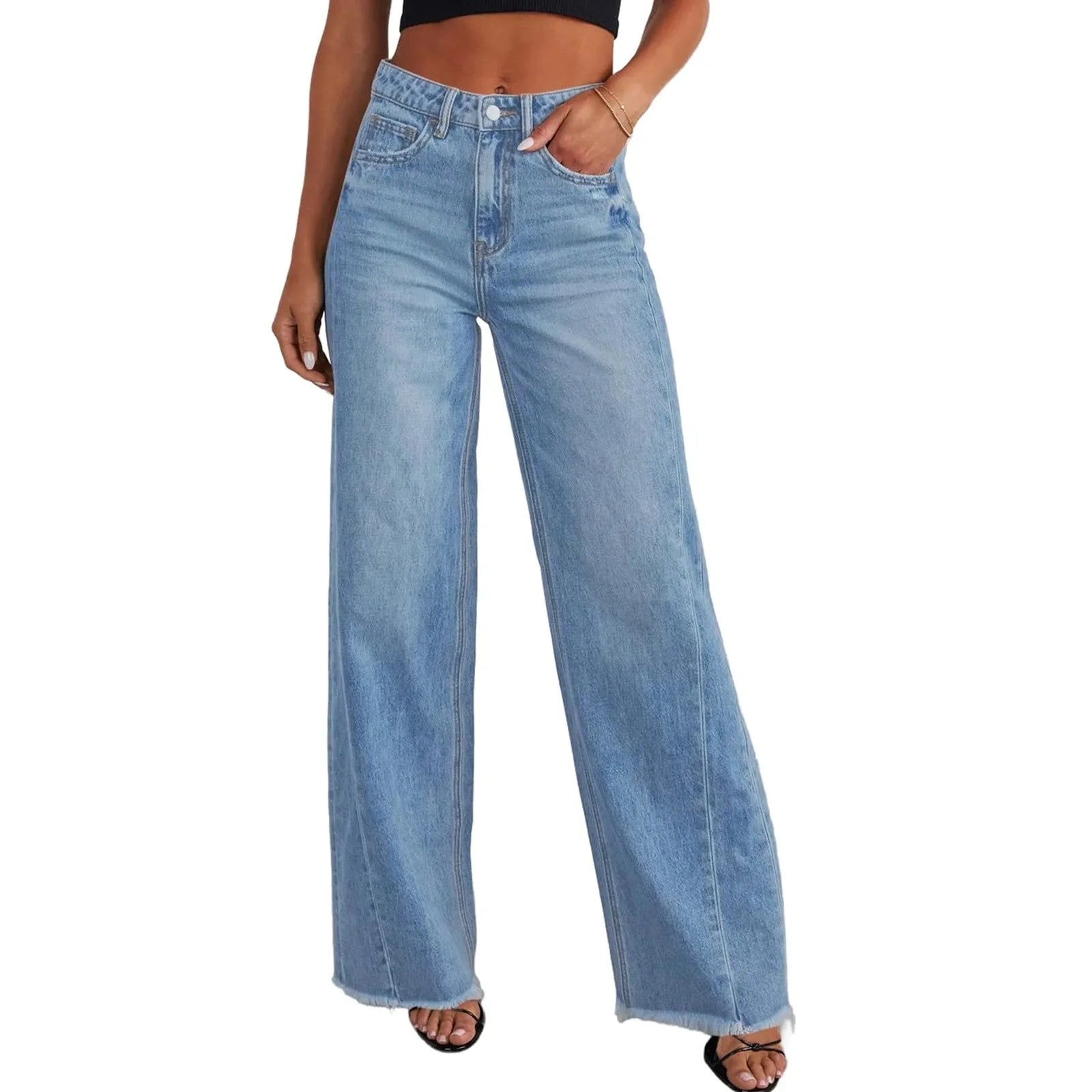 Retro High Waist Straight Leg Jeans Women's Fashion Cross-Border Frayed Hem New Style Side Seam Patchwork Distressed