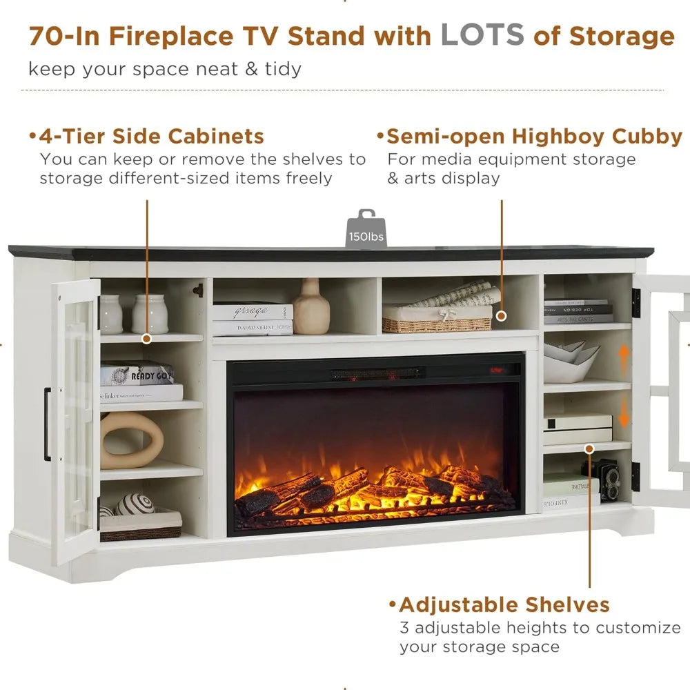 Farmhouse Fireplace TV Stand with 36" Electric Fireplace for 80 Inch TV, 32" Tall Entertainment Center, Modern Media Console, 6