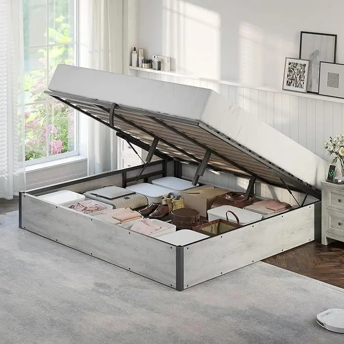 Lift Up Storage Bed, Queen Bed Frame with Storage Underneath, Wooden Platform Bed Frame, Solid Wood Slats Support