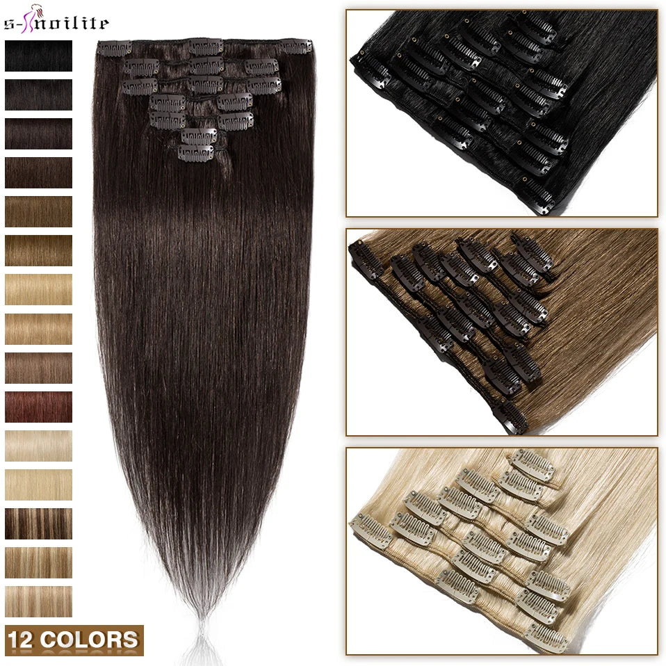 S-noilite 65g Clip In Hair Extensions Human Hair Natural Extension Hair Clips 7Pcs/Set 15"-22" Full Head Clip In Natural Hair